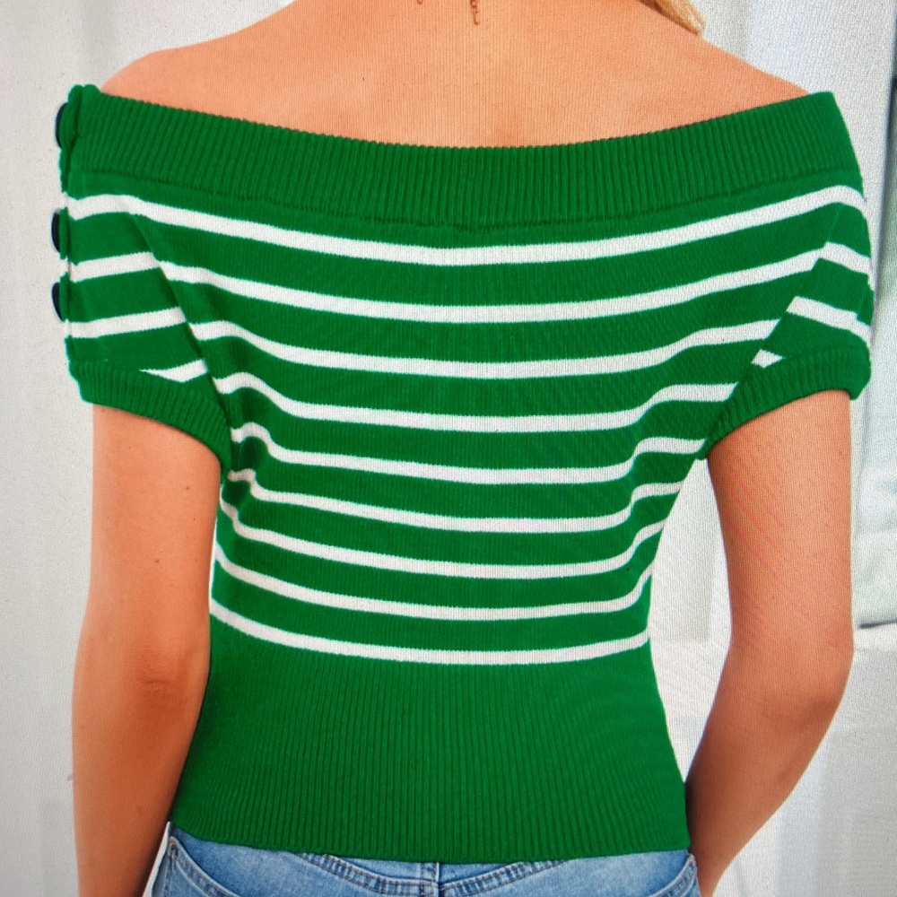 Green Striped Off-Shoulder Sweater - Picture 4 of 4